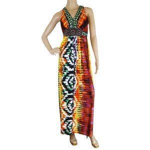 Roz & Ali Multicolor Maxi Dess Size 6 - Beaded Medallions, Stretchable, Tie Belt
